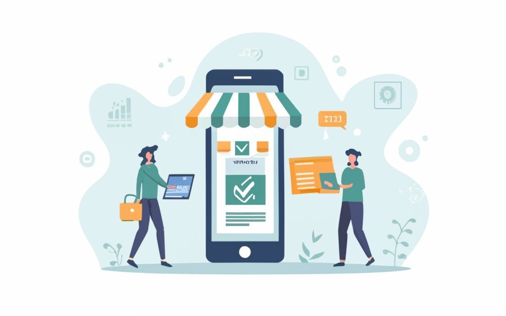 Des personnes échangent des données dans une boutique de smartphones avec de grands téléphones et des icônes de shopping