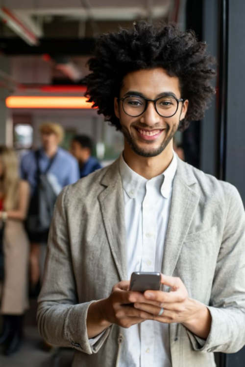 Personne souriante portant des lunettes et tenant un smartphone à l'intérieur, vêtue d'un cardigan léger sur une chemise blanche