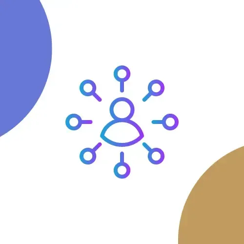 Icône de réseau bleue et violette avec des nœuds connectés, sur fond blanc avec des cercles colorés aux angles.