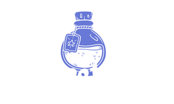 Flacon de potion bleu de dessin animé avec une étiquette en forme d'étoile et un visage souriant sur fond blanc
