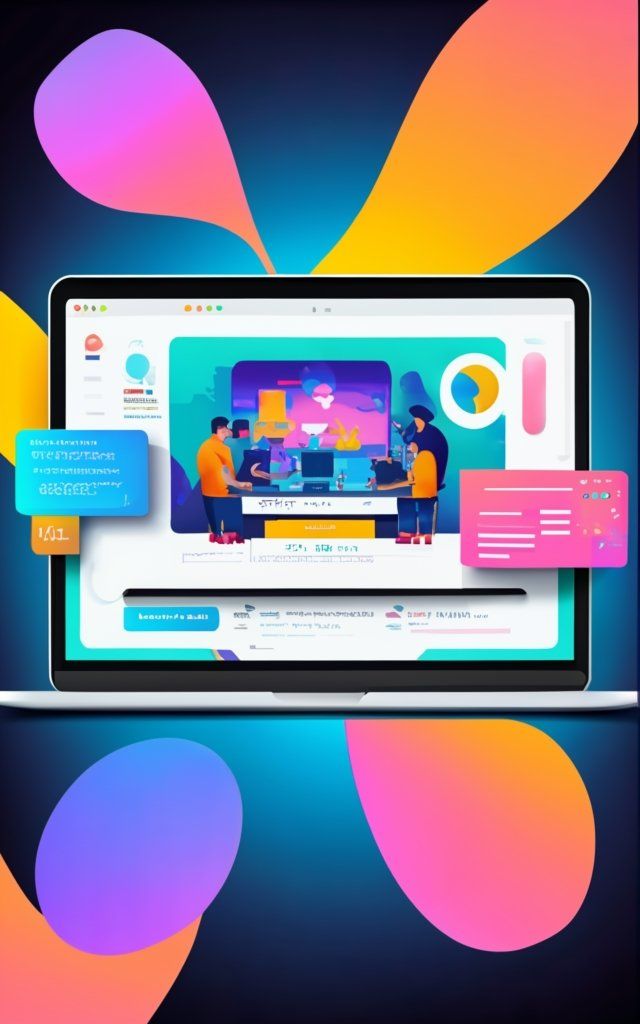 Écran d'ordinateur portable affichant un espace de travail de conception web coloré avec des formes abstraites flottantes et des panneaux d'interface utilisateur