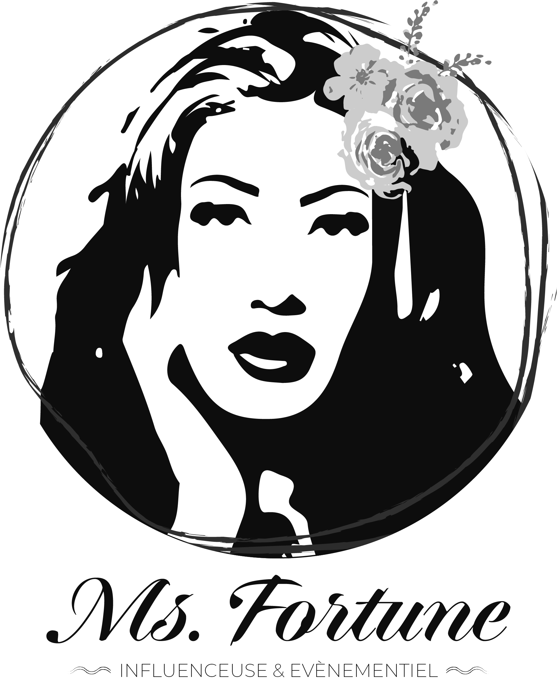 Logo en noir et blanc représentant un visage de femme stylisé avec le texte « Ms. Fortune » en dessous.