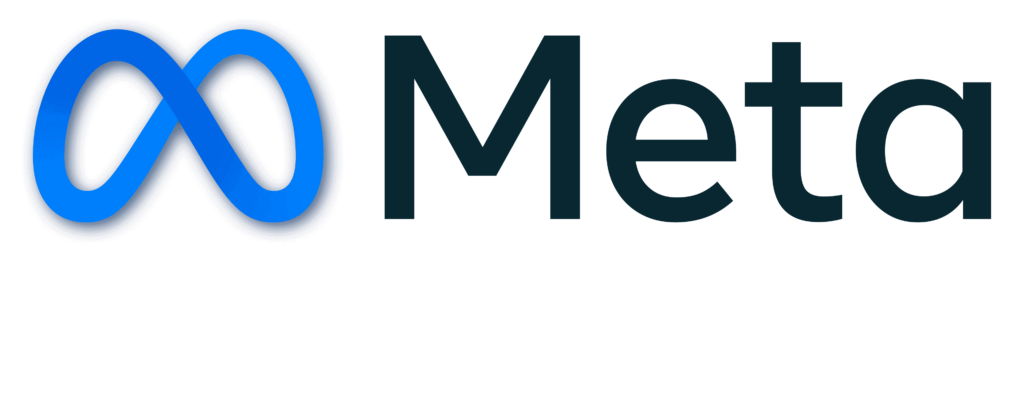 Logo Meta avec icône infini bleue et logotype noir sur fond blanc