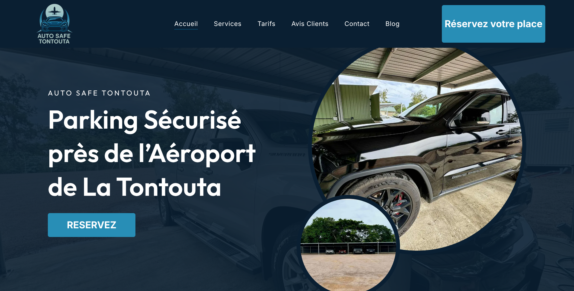 Homepage for secure parking near La Tontouta Airport, with carport images and a reservation button