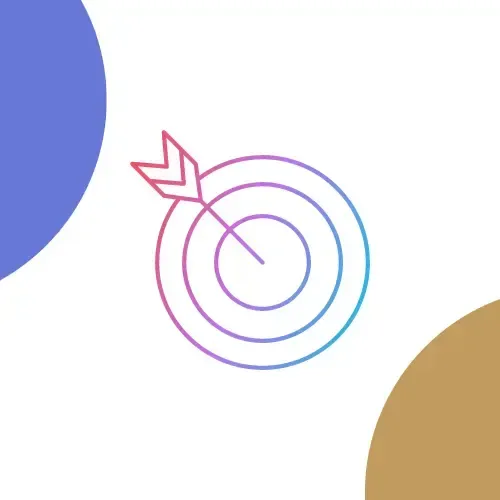 Cible dégradée avec une flèche rose au centre, sur fond blanc avec des formes d'angle bleues et dorées