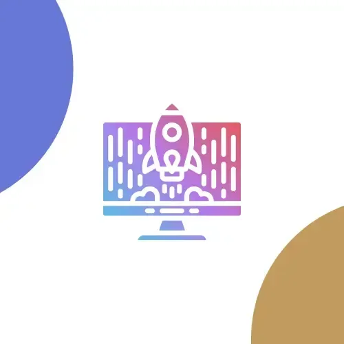 Icône de chat IA colorée représentant une fusée sur un écran, sur fond blanc avec des coins bleus et beiges.