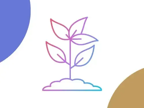 Jeune pousse colorée dessinée au trait dans un pot pastel, avec des feuilles violettes, roses et bleues sur fond blanc.