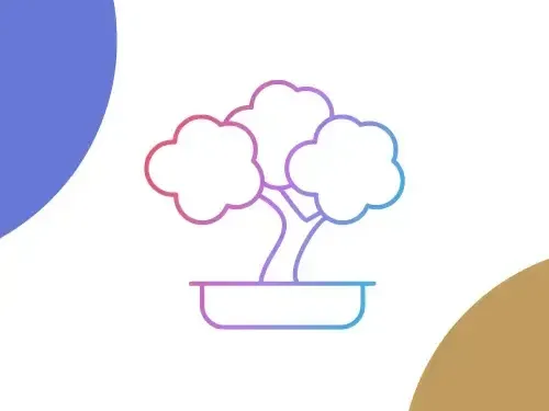 Plante en pot stylisée avec un contour rose pastel, violet et bleu sur fond blanc, avec des formes d'angle bleues et dorées