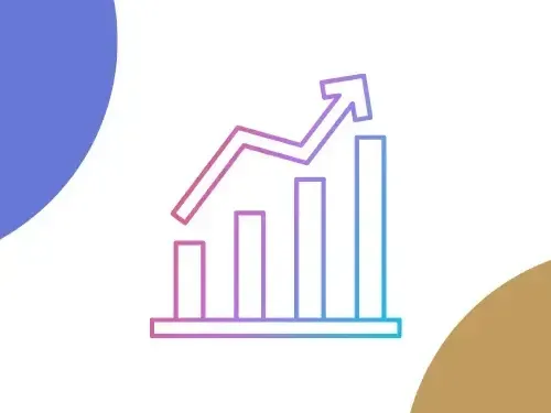 Graphique linéaire dégradé avec flèche pointant vers le haut et barres violettes, roses, bleues et turquoise sur fond blanc