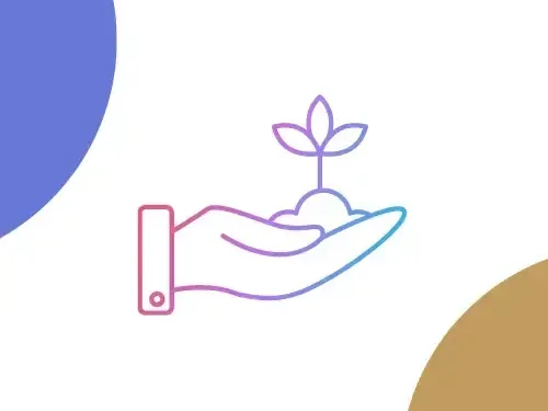 Icône linéaire d'une main tenant une plante en germination, en violet et bleu, avec des coins colorés sur fond blanc.