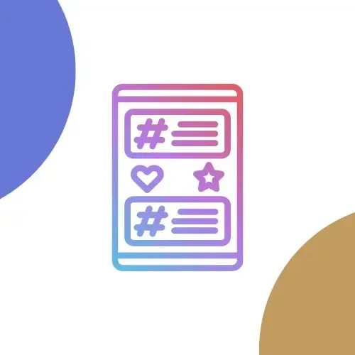 Icône de publication pour les réseaux sociaux avec dégradé de hashtags, cœur et étoile sur fond blanc.