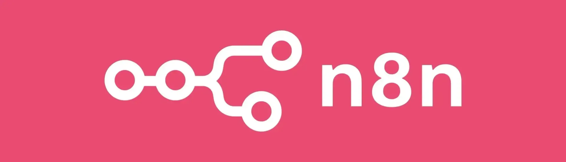 Logo n8n sur fond rose, avec une icône de nœuds connectés blancs et du texte.