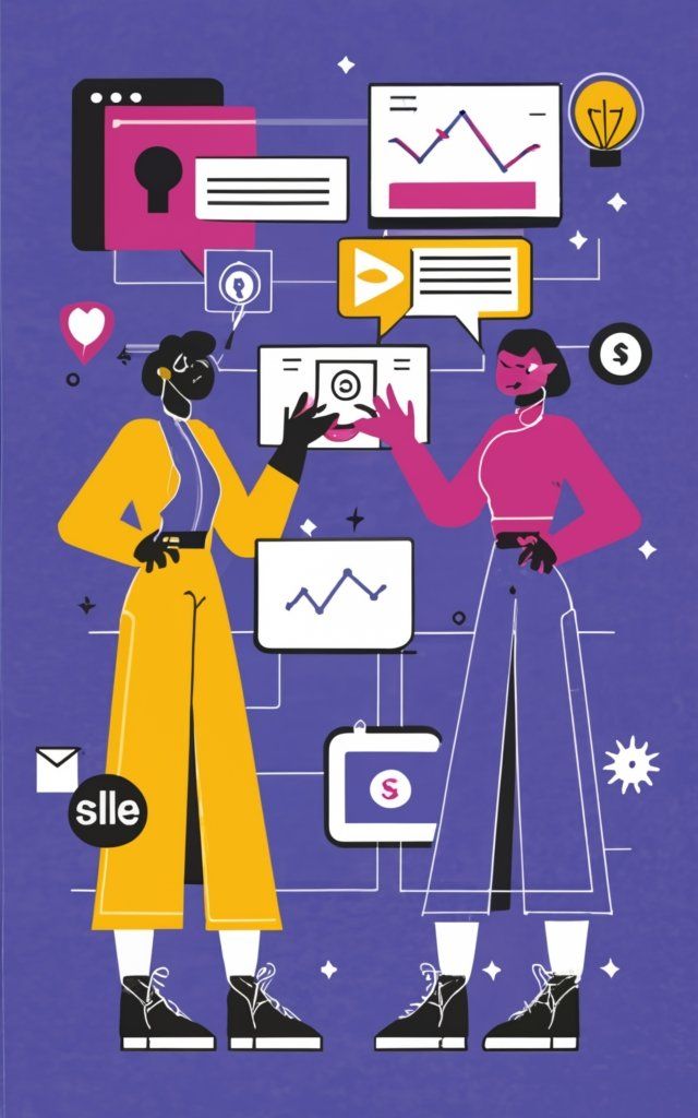 Deux personnes vêtues de jaune et de rose discutent d'analyses sur un fond violet avec des graphiques et des icônes de réseaux sociaux