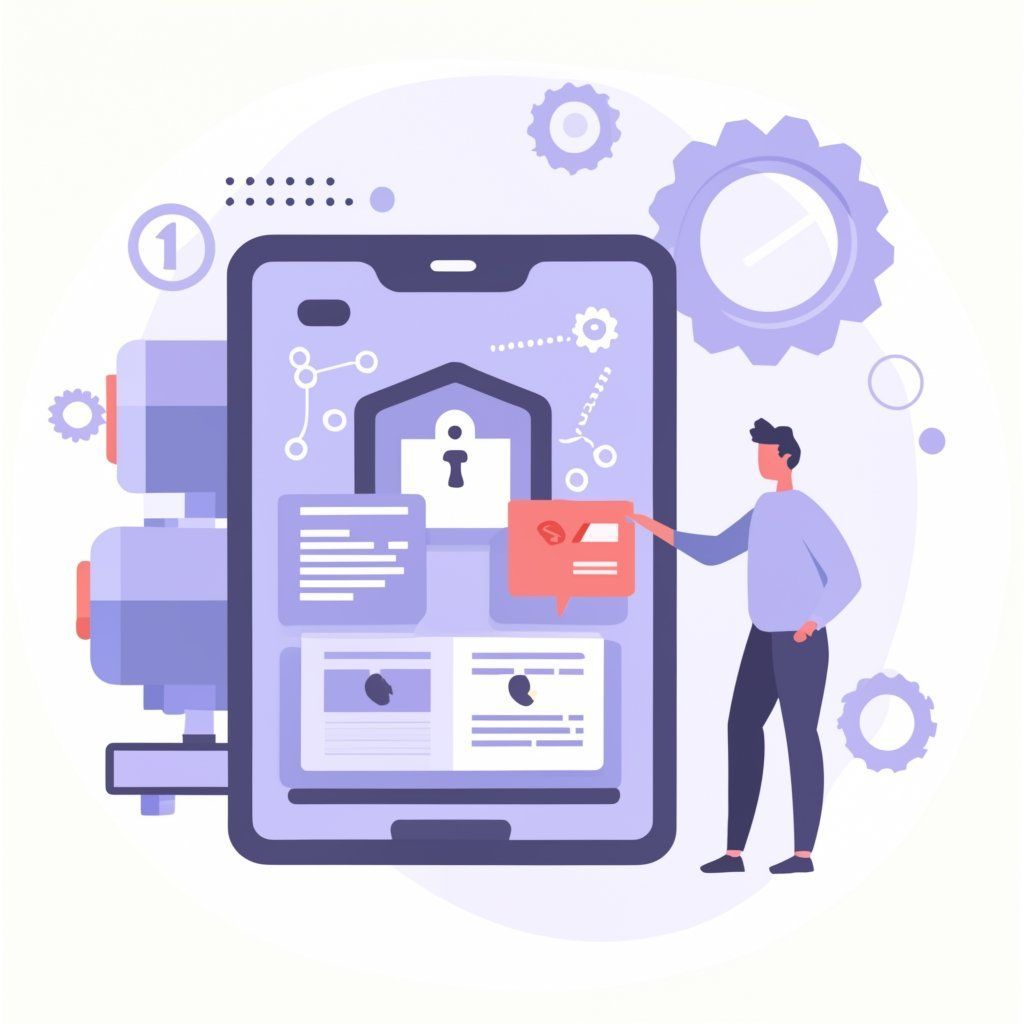 Une personne se trouve à côté d'un smartphone avec des icônes de verrouillage et de sécurité, illustrant la sécurité des applications mobiles.