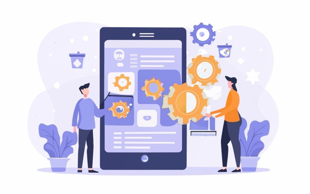 Illustration technologique violette de deux personnes ajustant des paramètres sur l'interface d'une application pour smartphone