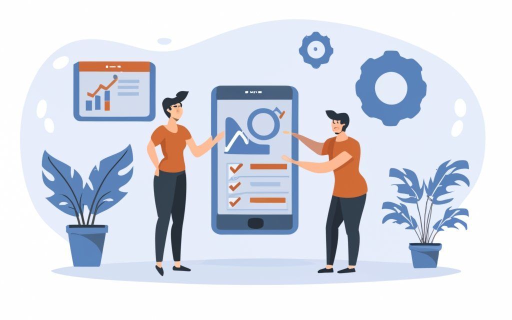 Deux personnes présentent des analyses sur un smartphone géant avec des graphiques, des engrenages et des plantes dans un décor de bureau bleu.