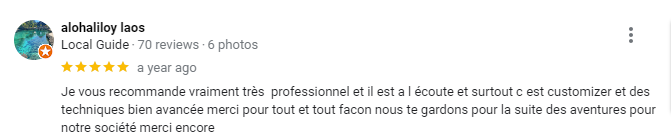 Capture d'écran d'un avis Google montrant une note de 5 étoiles et un commentaire en français d'un guide local.