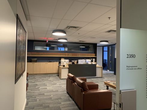 Espace détente et zone d’accueil du bureau avec canapé, comptoir et porte donnant sur le couloir