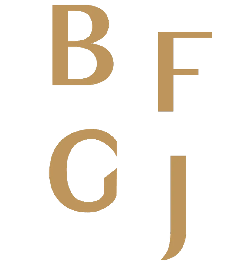 Lettres dorées à empattements B, F, G et J disposées en grille 2 × 2 sur fond blanc