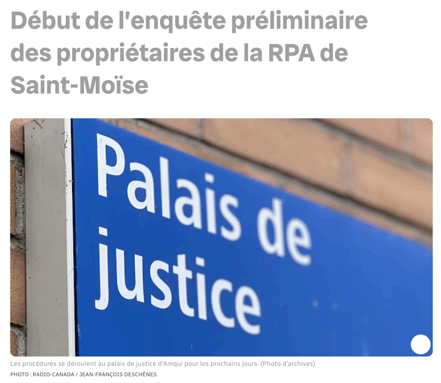 Panneau bleu « Palais de justice » devant un titre sur l’enquête préliminaire des propriétaires de la RPA Saint-Moïse