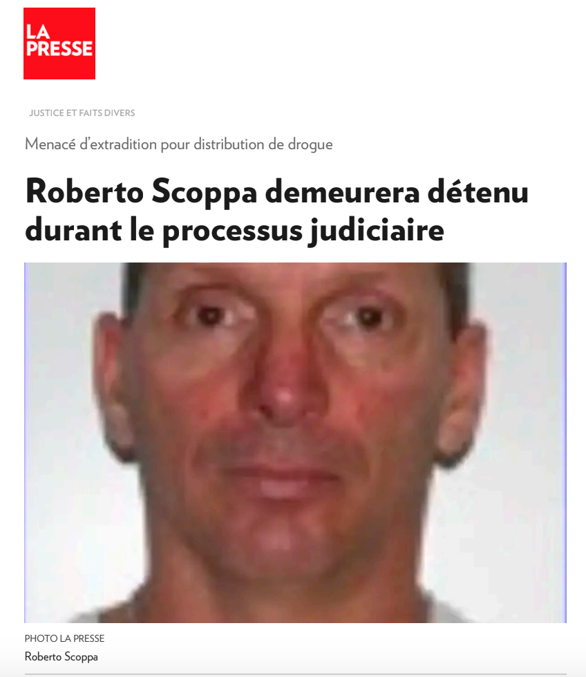 Article de La Presse avec photo d’identité judiciaire et titre sur la comparution de Roberto Scoppa devant le tribunal