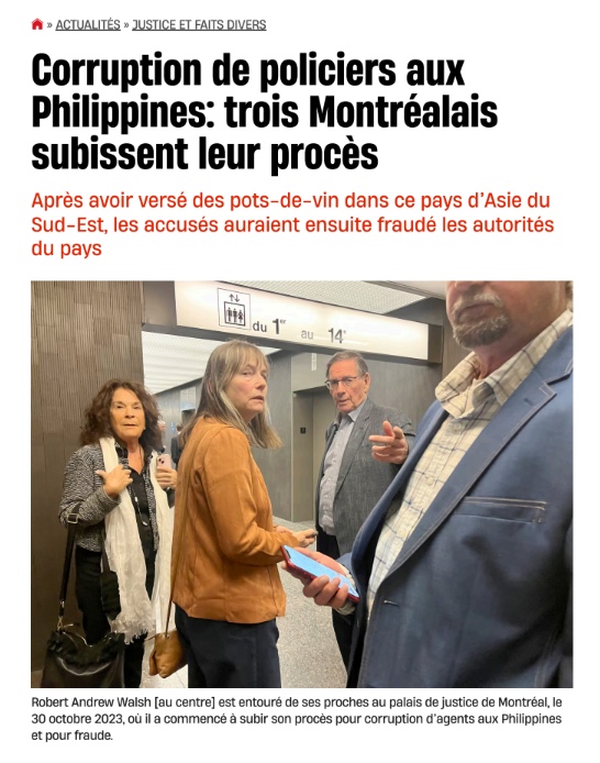 Article de journal sur trois Montréalais soupçonnés de corruption policière aux Philippines, avec une photo de la réunion