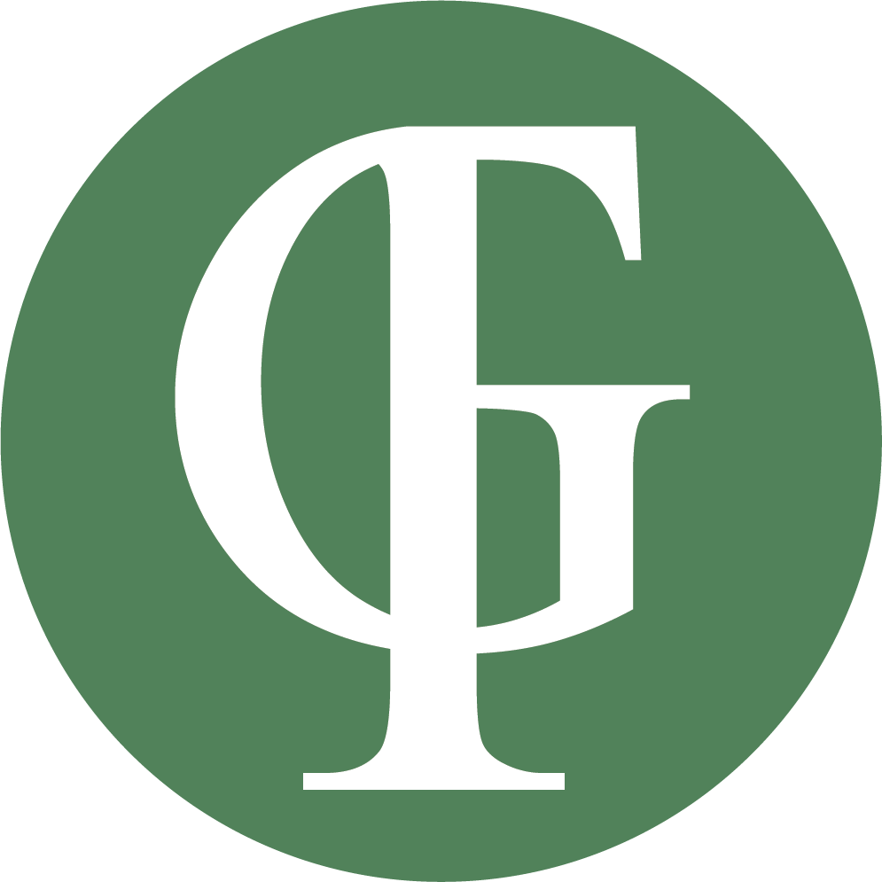Green circular logo with stylized white overlapping letters CF and a vertical serif line