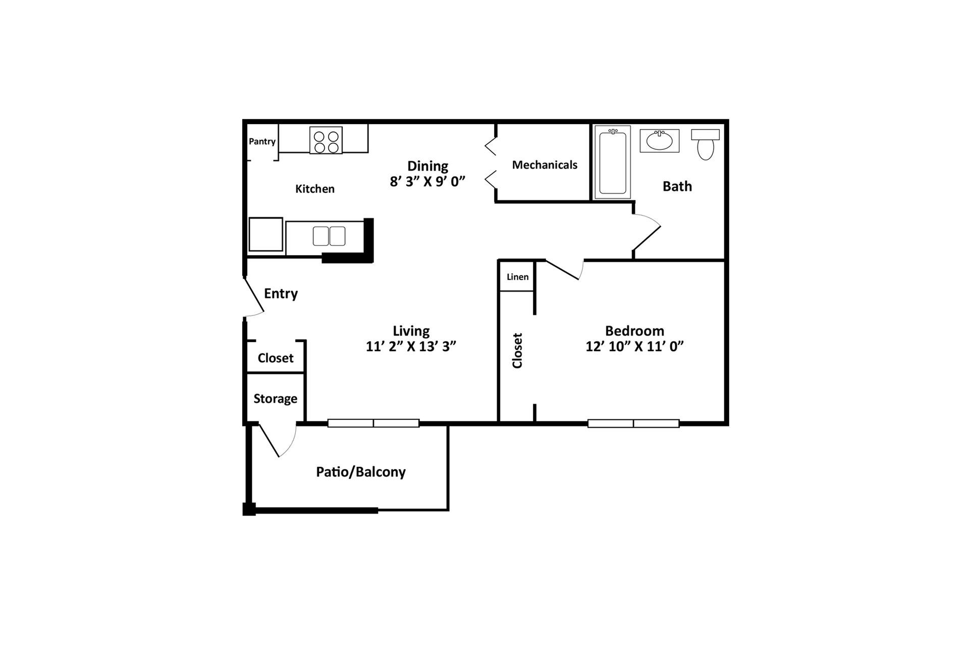 Floor plan of an apartment with kitchen, living room, bedroom, bathroom, storage, and balcony.