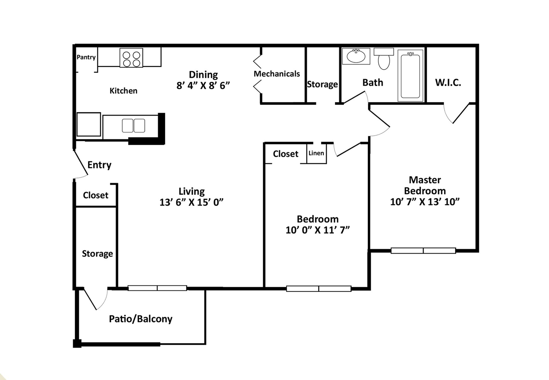 Floor plan of a one-bedroom apartment with living, dining, kitchen, and balcony.