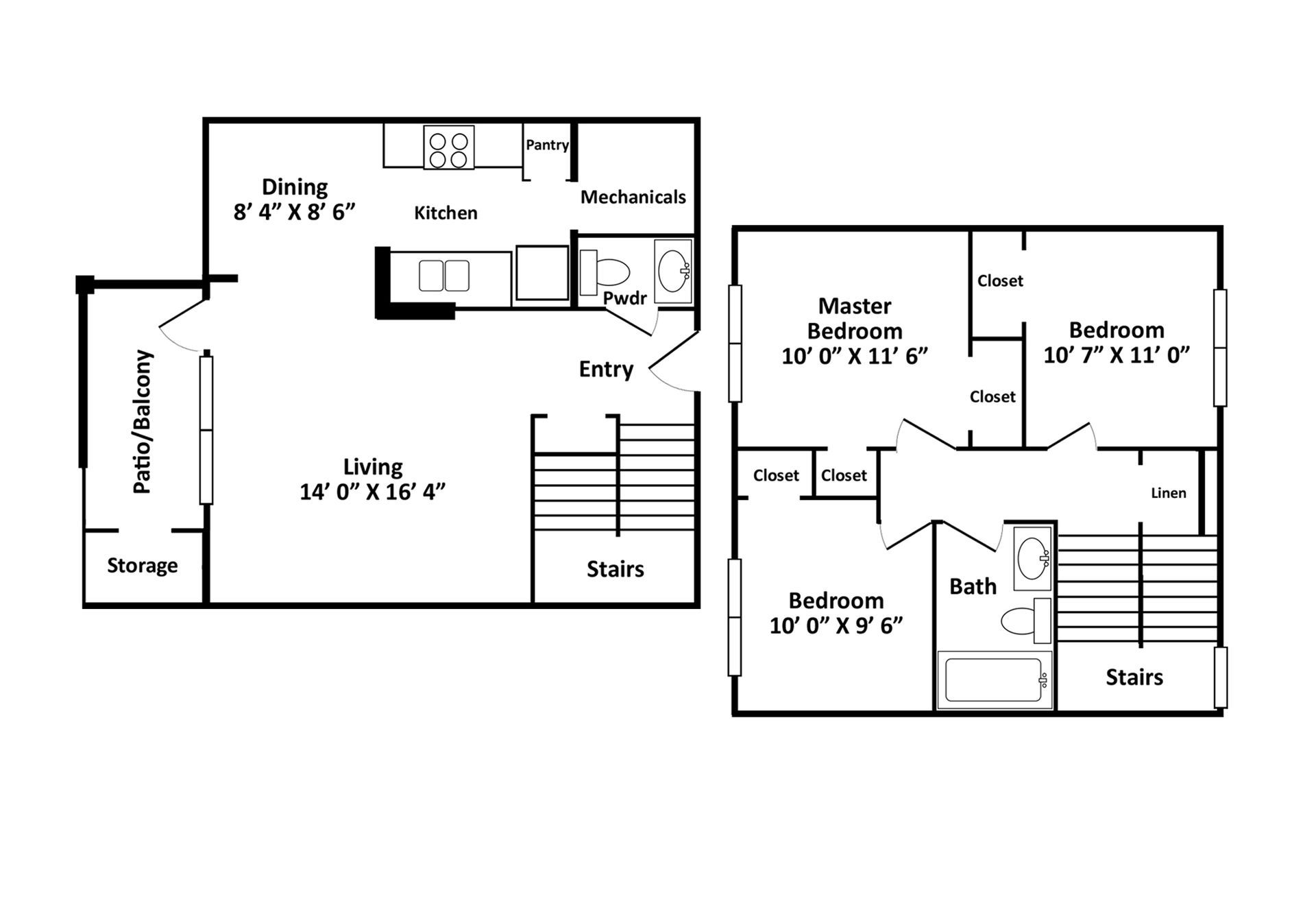 Floor plan of a two-story apartment, labeled with room dimensions and features like kitchen, bedrooms, and stairs.