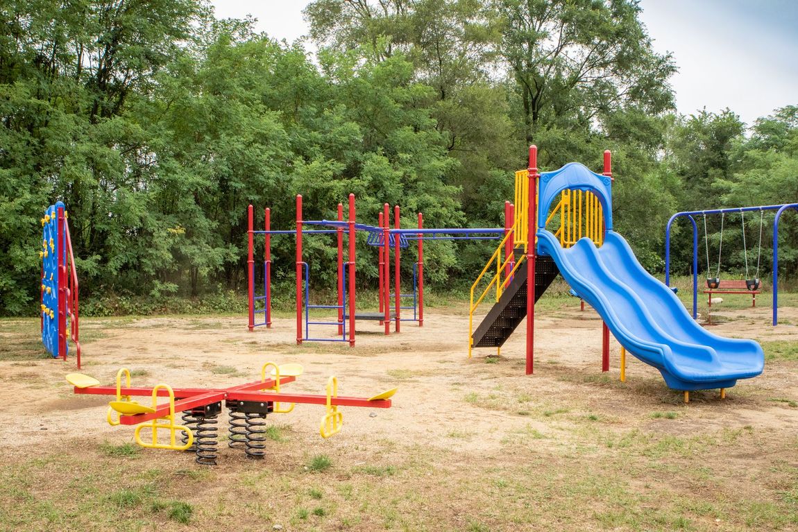 Playground with blue slide, swings, and climbing equipment set against a background of trees.