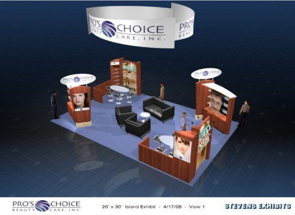3D rendering of a trade show booth for Choice Lake Inc. featuring product displays, seating, and overhead signage.