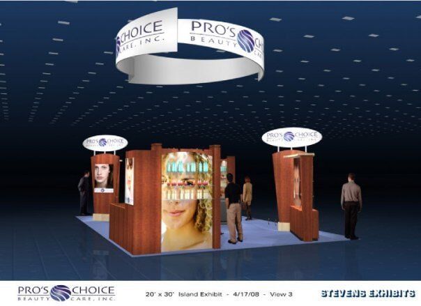 Exhibition booth for Pro's Choice Beauty Care Inc. with displays, overhead signage, and attendees.