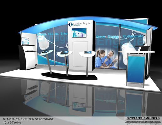 Trade show booth design, blue and white theme. Featuring 