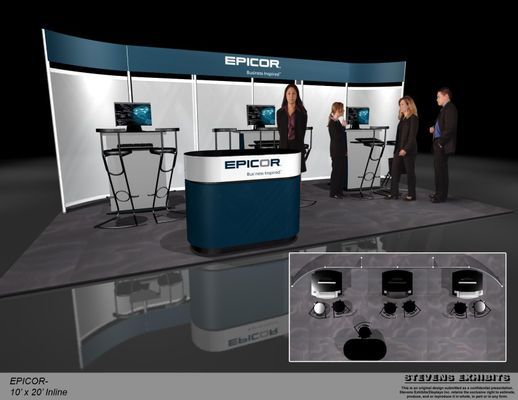 Trade show booth with Epicor branding, featuring computers and people in a professional setting.