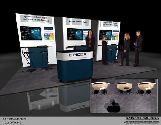 Trade show booth: EPICOR display with people, monitors, and dark blue accents.