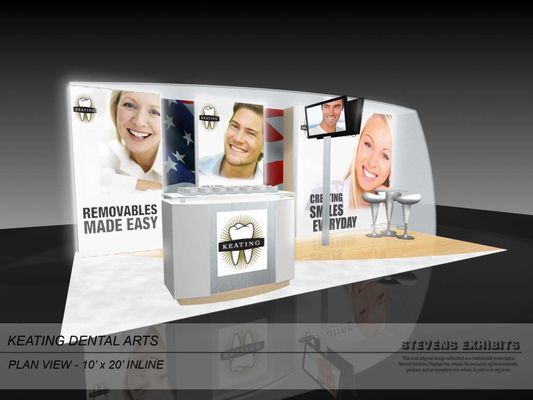 Dental trade show booth plan; photos of smiling faces, tagline, counter, seating, and monitor.