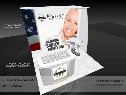 Trade show booth for Keating Dental Arts, featuring smiling woman, product display, and dental logo.