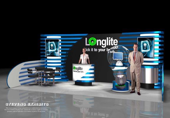 Trade show booth with Longlite logo. Two people stand near displays and counters with blue and white accents.