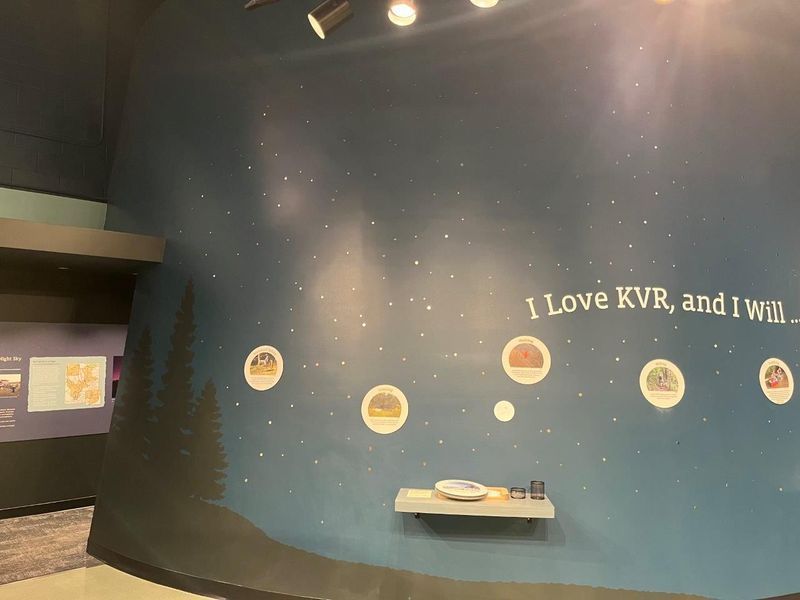 Blue wall with a starry design, text 