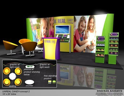 Trade show booth design with children's faces, seating, product displays, and a counter. Colors: yellow, green, and purple.