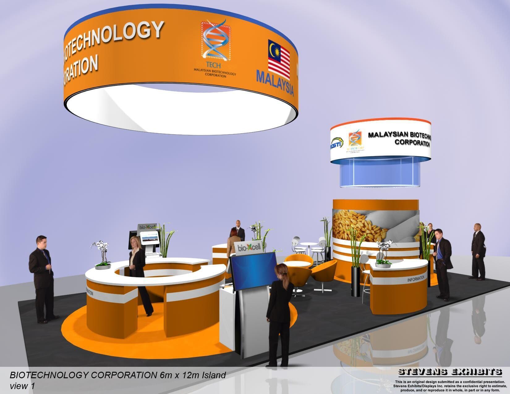 A trade show booth for the Biotechnology Corporation featuring orange and white accents with people interacting.