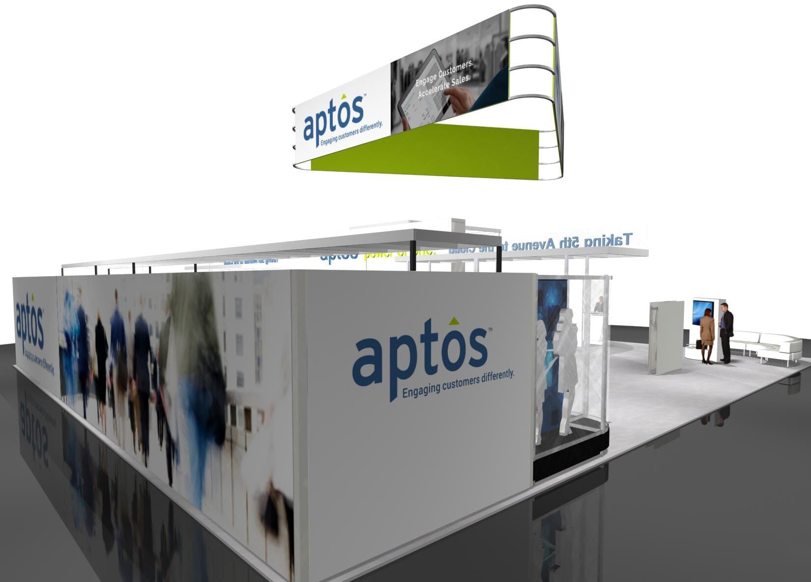 Aptos trade show booth with signage and displays, including a hanging sign, with a modern design and white and blue accents.