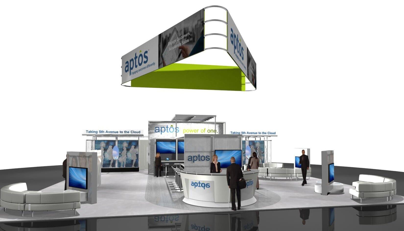 Trade show booth for eptos, with monitors, seating, and a hanging sign.