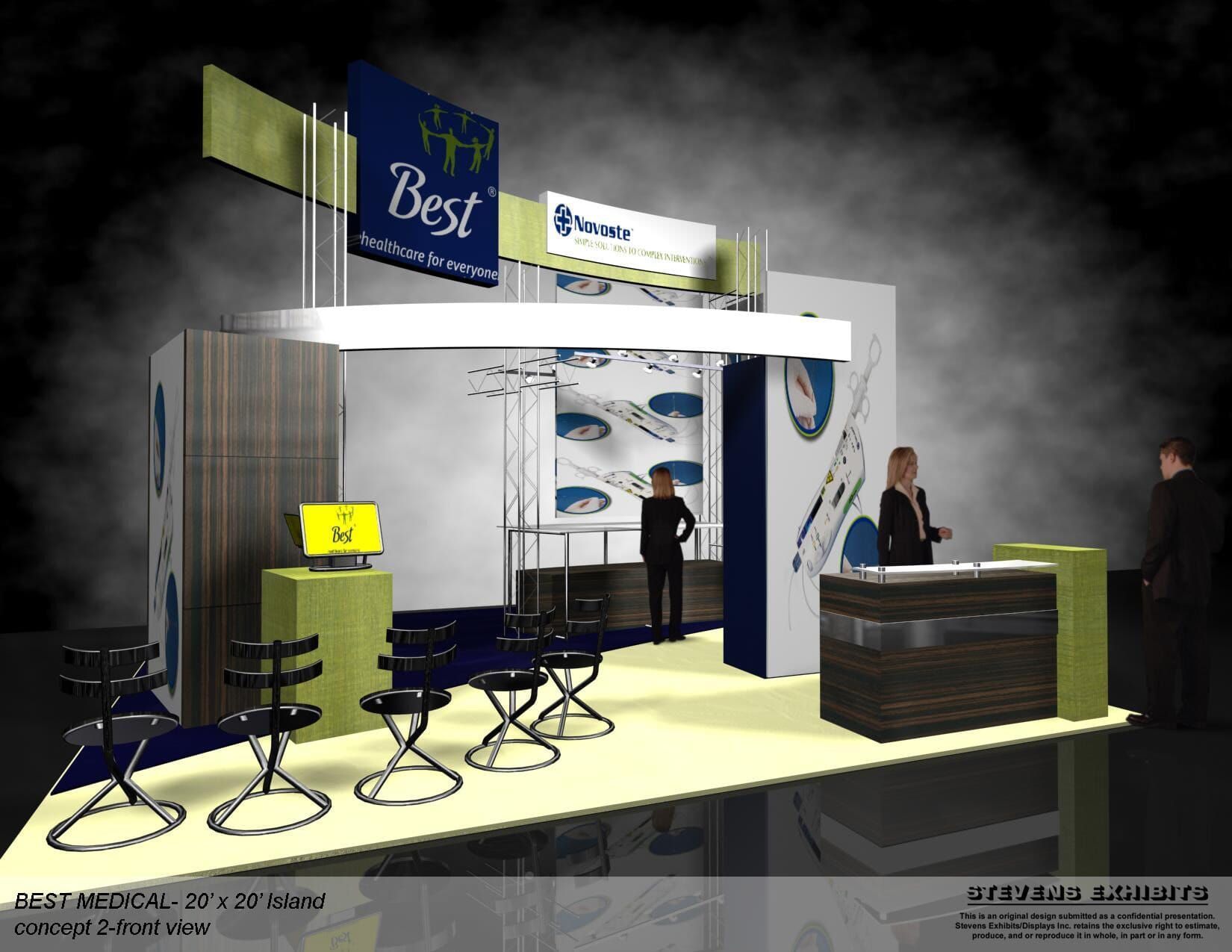Trade show booth with a blue and green color scheme. People stand near a counter and seating area.