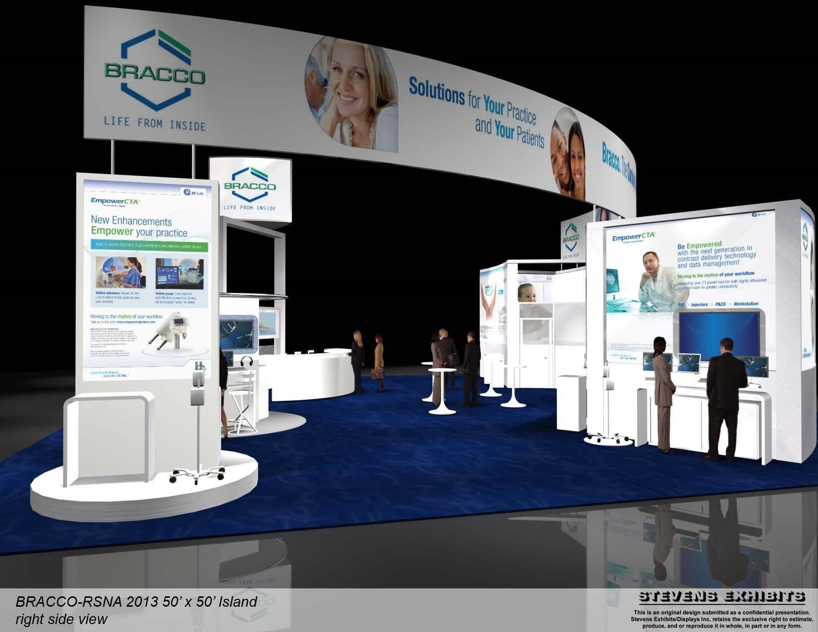Bracco trade show booth: white structures, blue carpet, people interact. Banner: Bracco logo, 