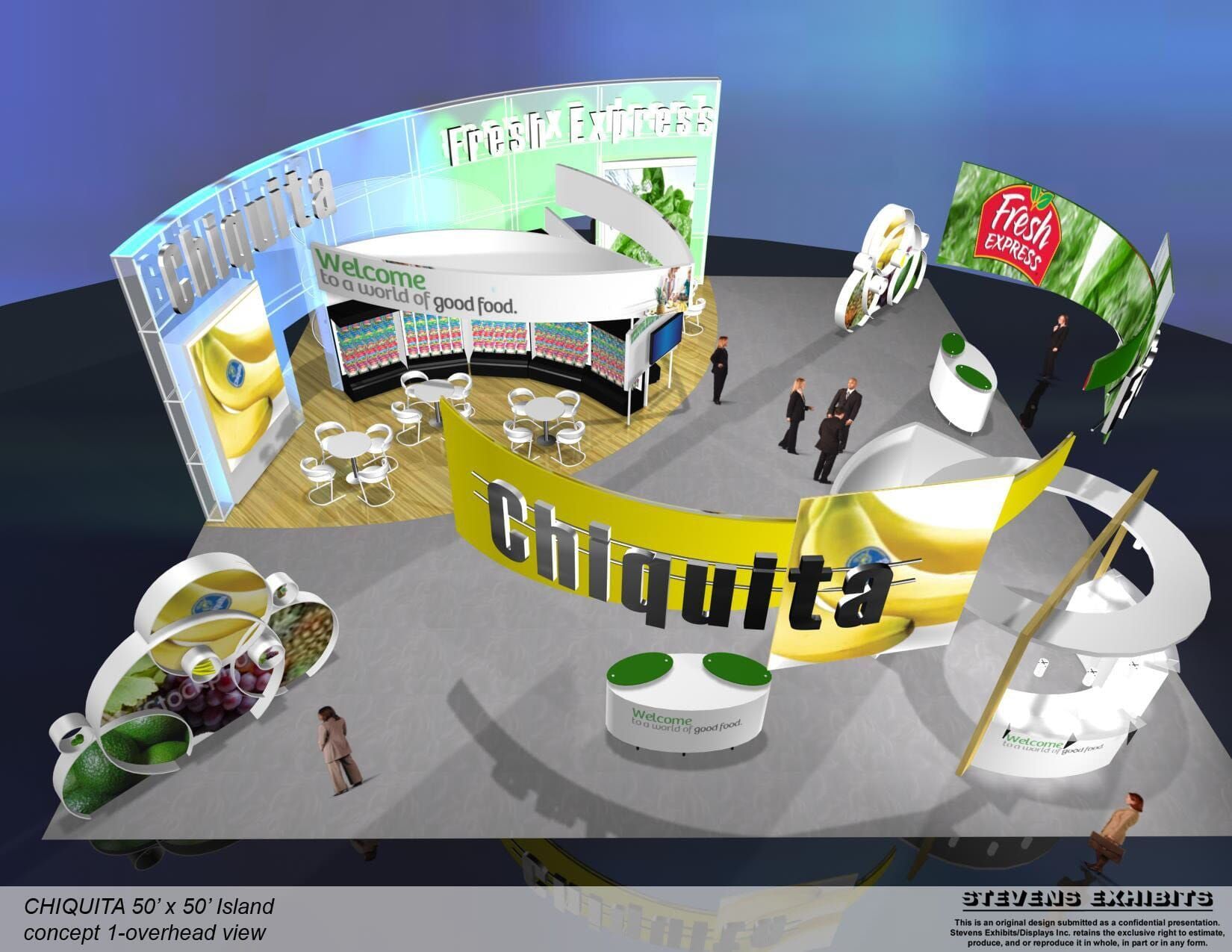3D rendering of a Chiquita trade show booth with banana displays, people, and signage.