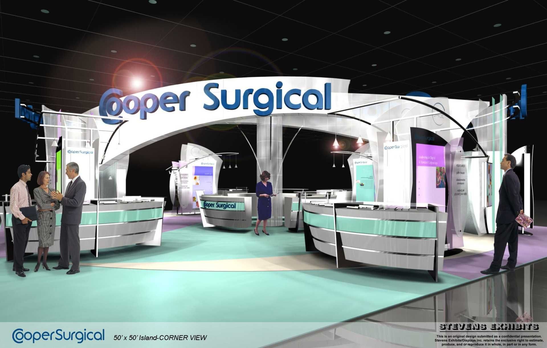 Cooper Surgical trade show booth, people interacting. Light blue, white, and silver design.