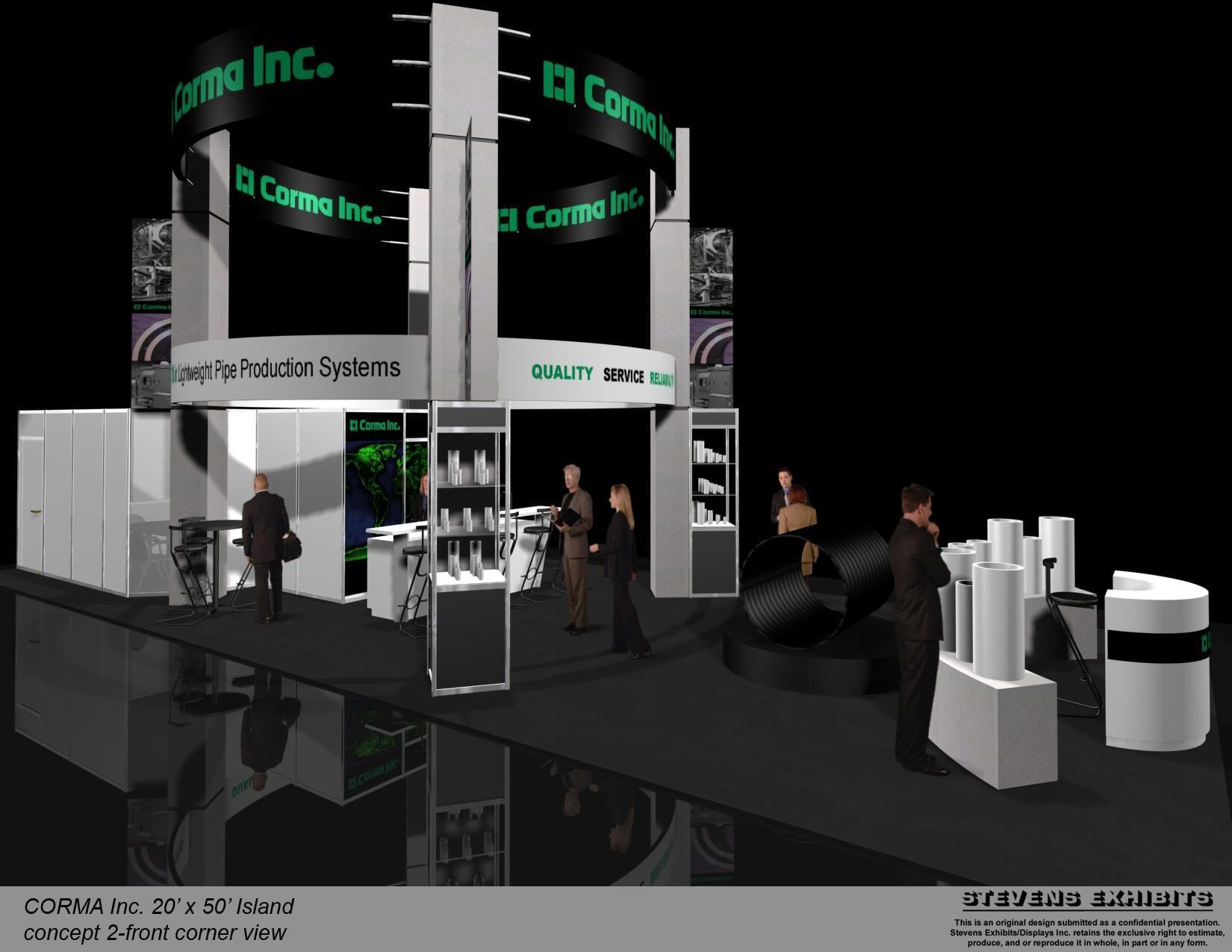 A trade show booth with the company name, 