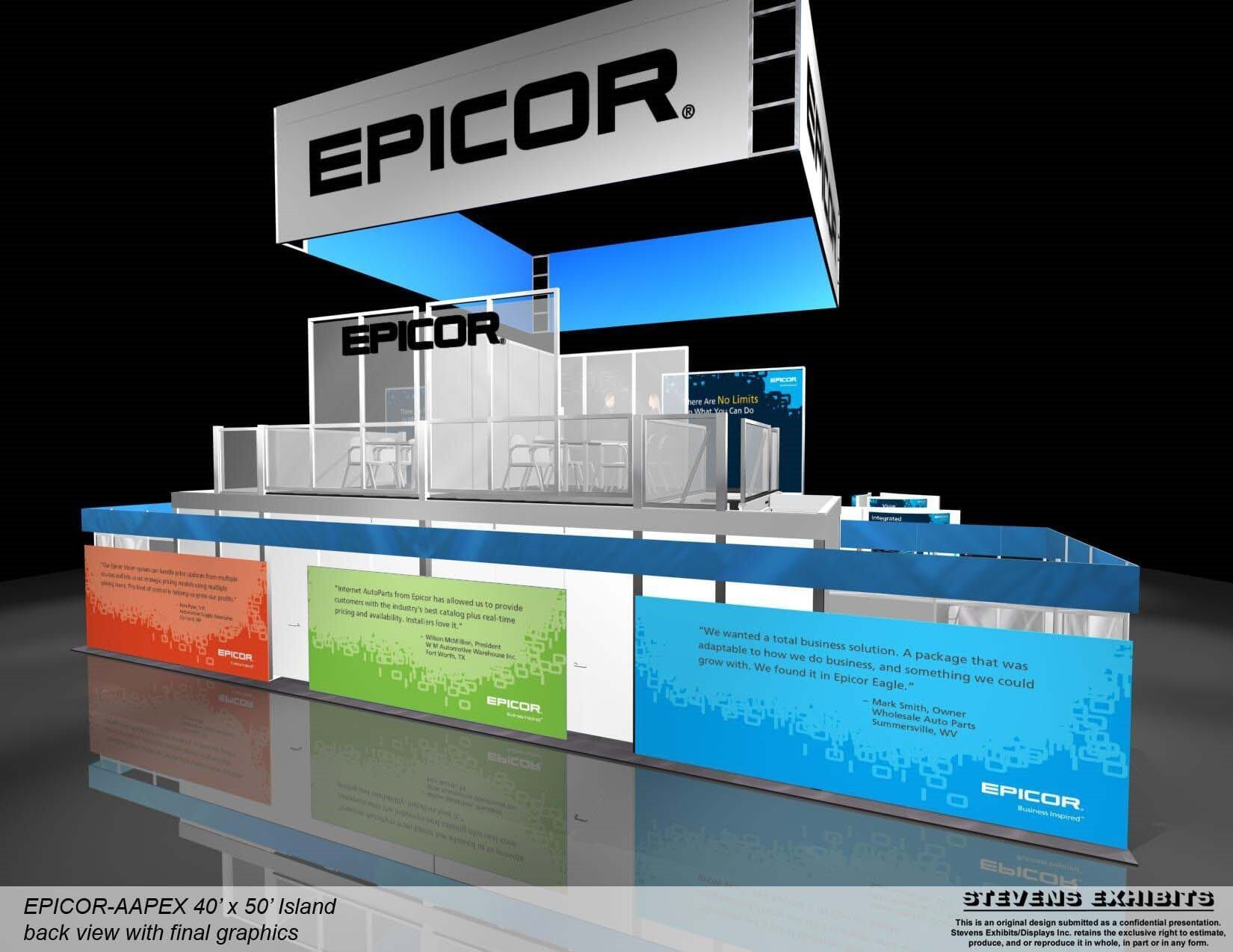 Trade show booth for Epicor with signage and a multi-level platform, featuring the Epicor logo.